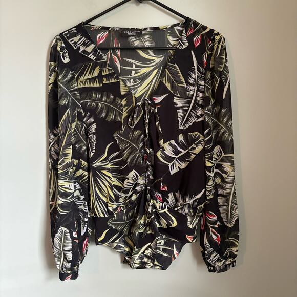 Zara Sheer Tie Front Tropical Bodysuit - Picture 1 of 6